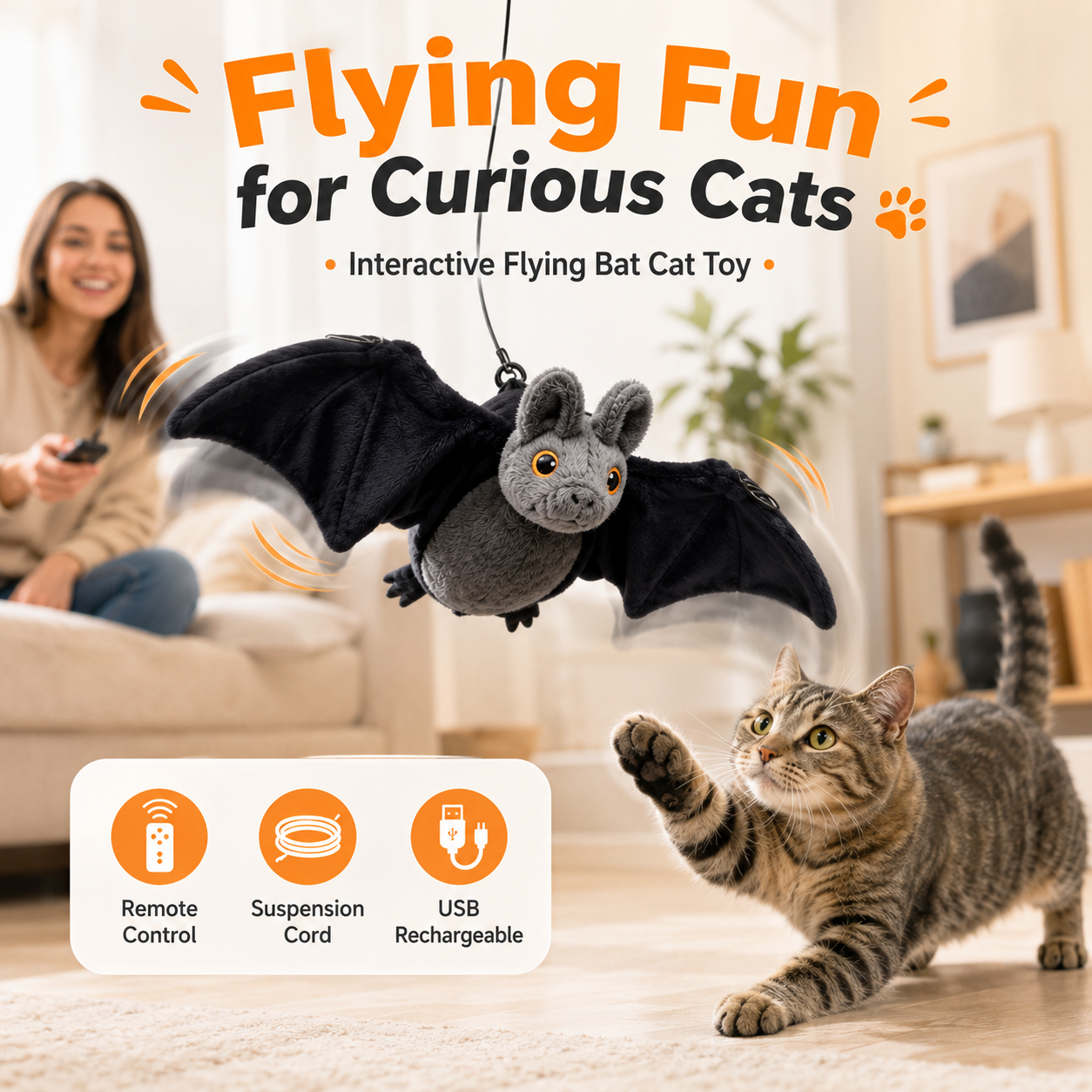🦇 Interactive Flying Bat Cat Toy