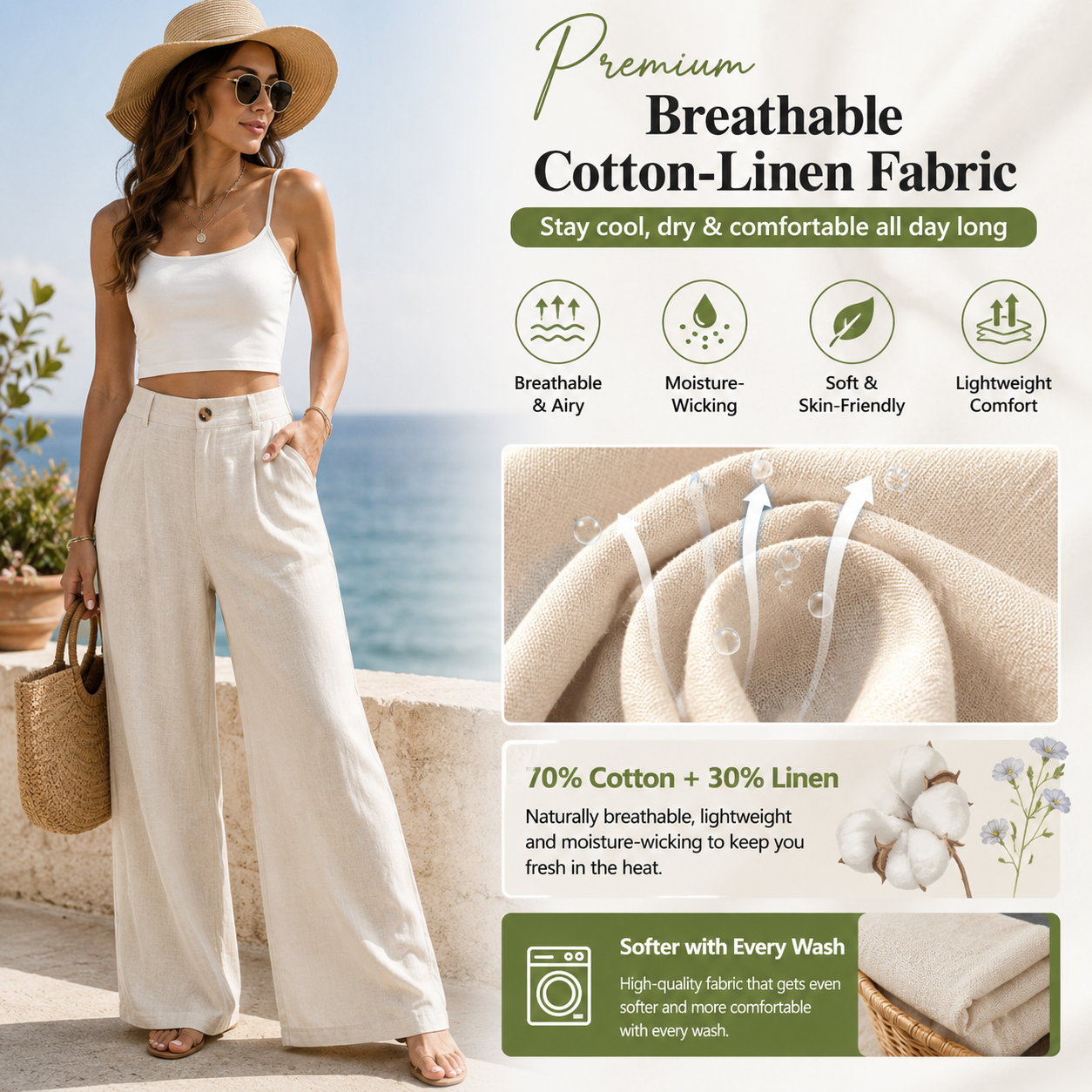 Women's High-Waisted Cotton Linen Wide-Leg Pants（Buy 2 Free Shipping）