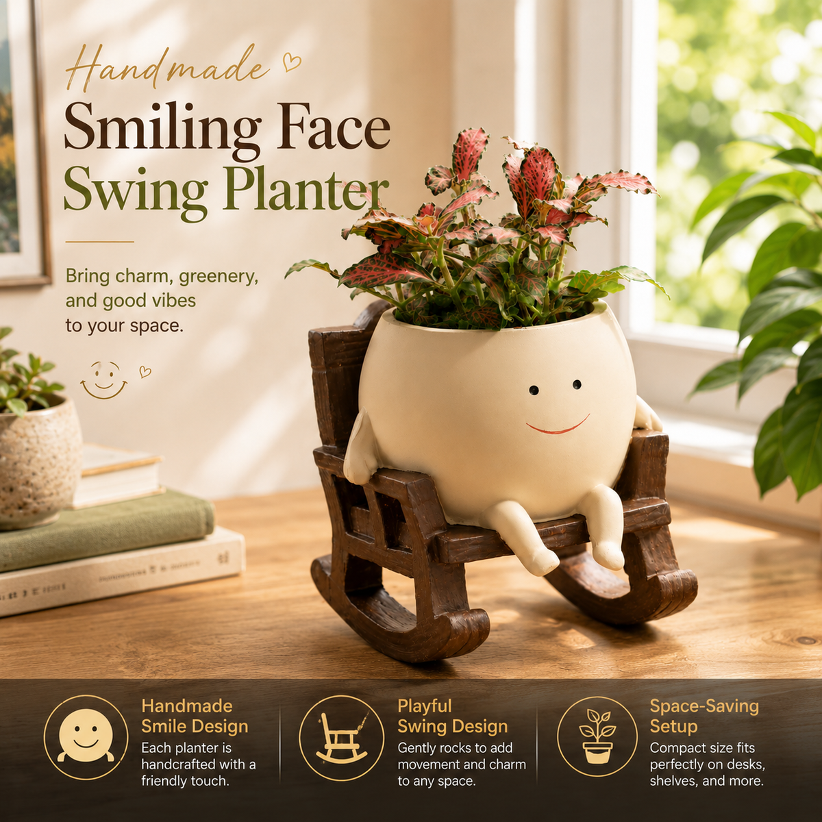 Handmade Smiling Face Planter 🪵🌱