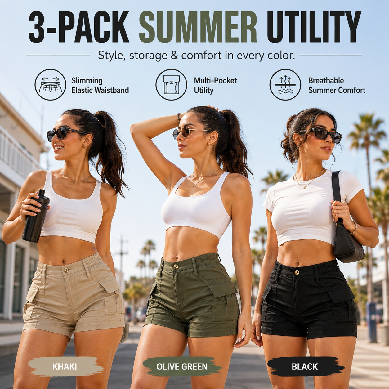 Women's High-Waisted Mini Cargo Shorts (3-Pack)