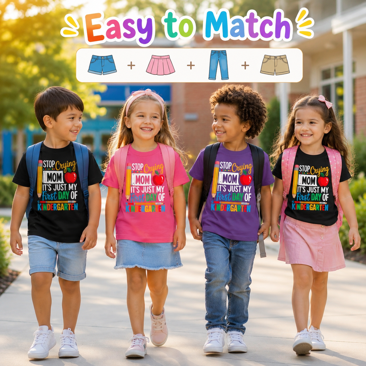 😭 "Stop Crying Mom!" First Day of Kindergarten Kids T-Shirt 🎒