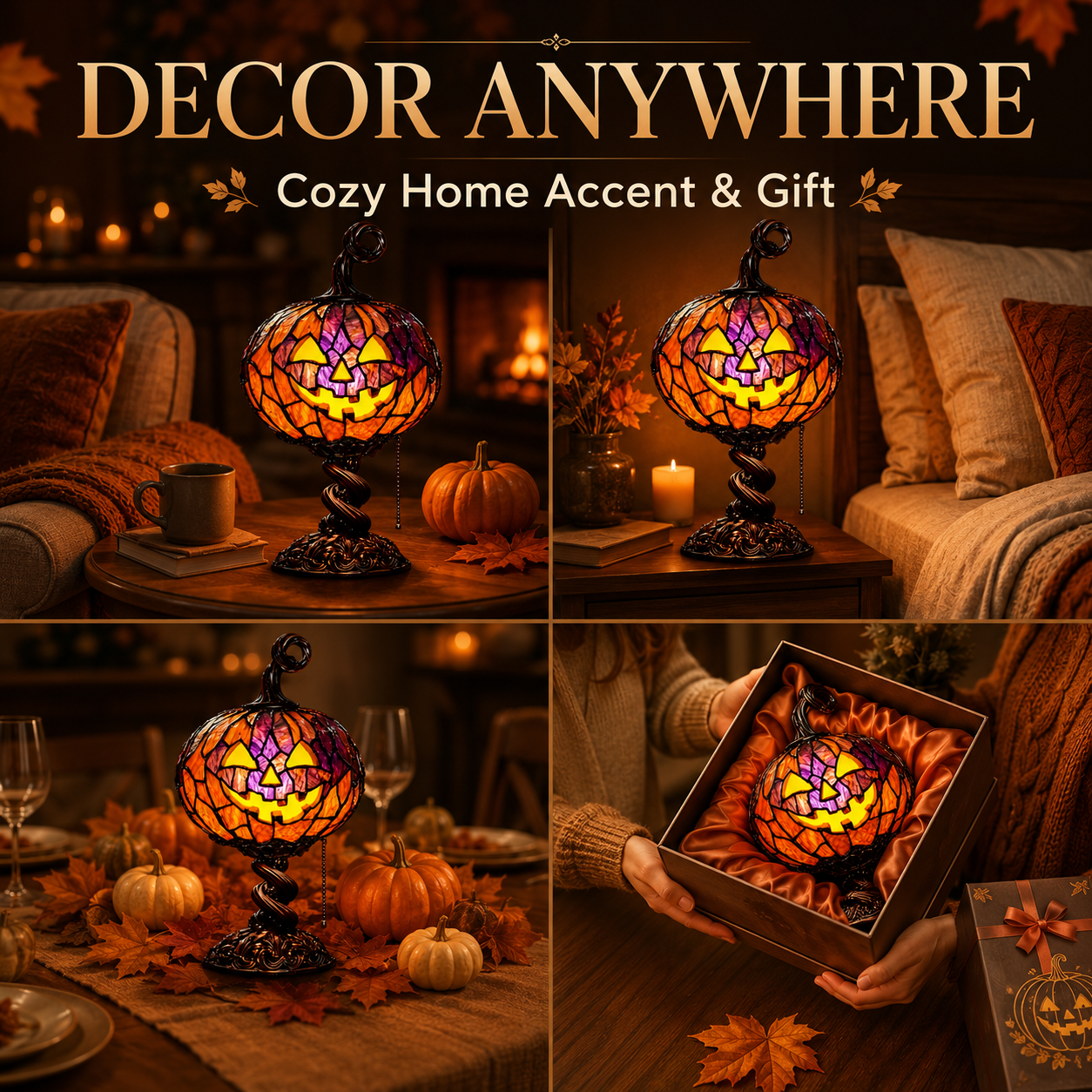 🎃 Vintage Stained Glass Pumpkin Table Lamp – Warm Halloween Accent Light