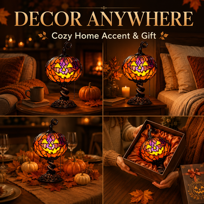 🎃 Vintage Stained Glass Pumpkin Table Lamp – Warm Halloween Accent Light