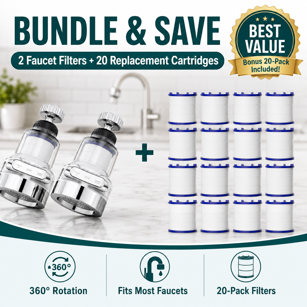 🔥2 Filter Faucet + 20 Free Replacement Filters