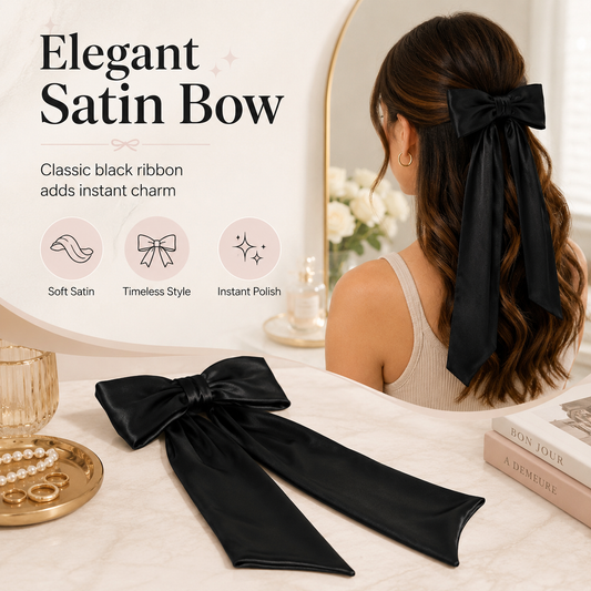 Black Satin Bow Hair Clip for Ponytails & Half-Up Styles