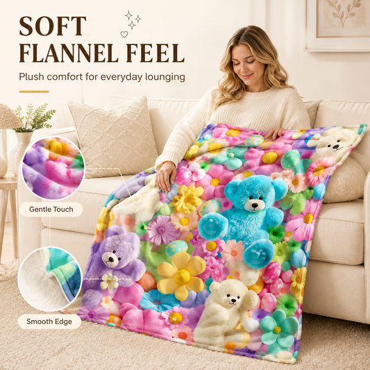 🧸Teddy Bear Floral Flannel Blanket | Soft & Colorful