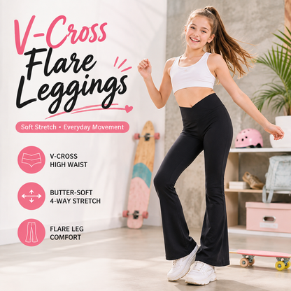 🤸‍♀️ Girls’ V-Cross High Waisted Flare Leggings – Ultra-Soft Stretch Yoga Bell Bottoms ✨