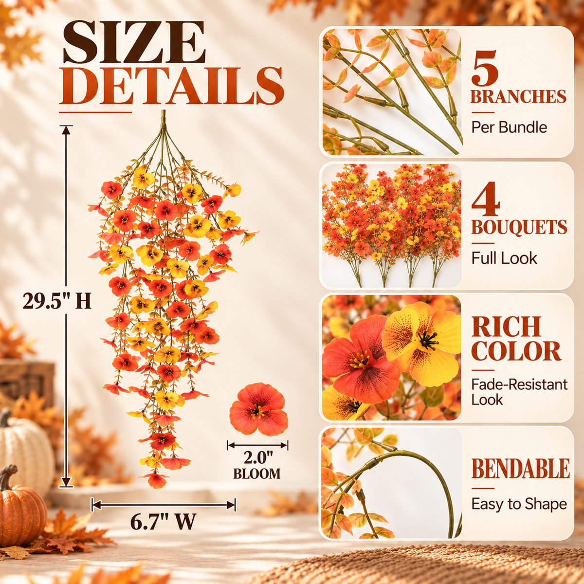 🍂 Fall Autumn Artificial Silk Pansy & Eucalyptus Hanging Bouquet-6 Packs