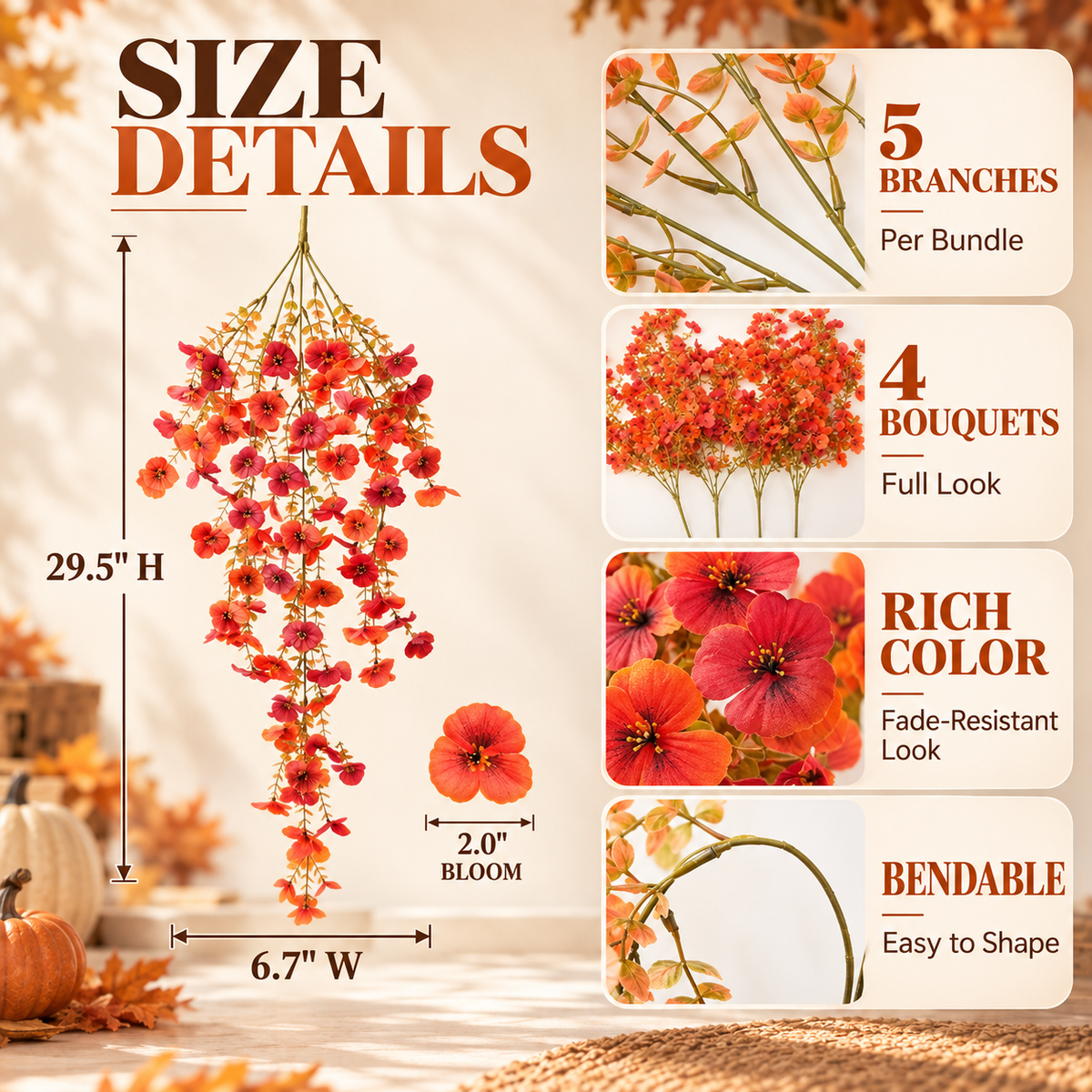🍂 Fall Autumn Artificial Silk Pansy & Eucalyptus Hanging Bouquet-6 Packs