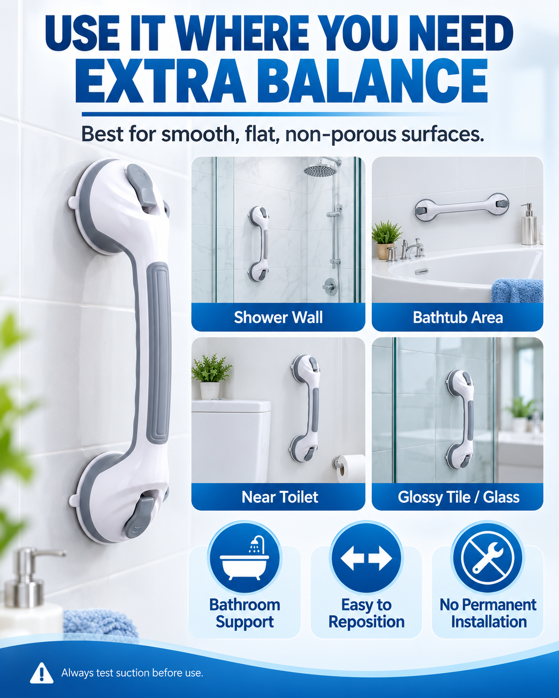 Suction Cup Grab Bar – Tool-Free No-Drill Install on Tile & Glass, Strong Vacuum Hold, Removable & Reusable – Extra Balance Support for Bathroom Safety 🔒