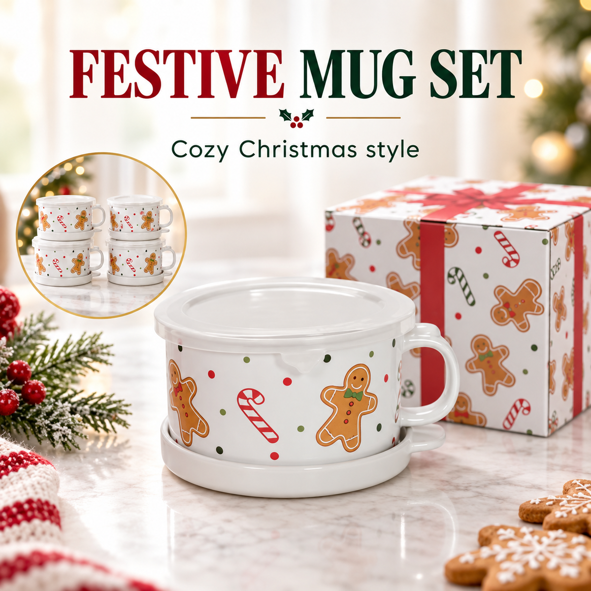 Christmas Gingerbread Mug Gift Set with Lid & Saucer