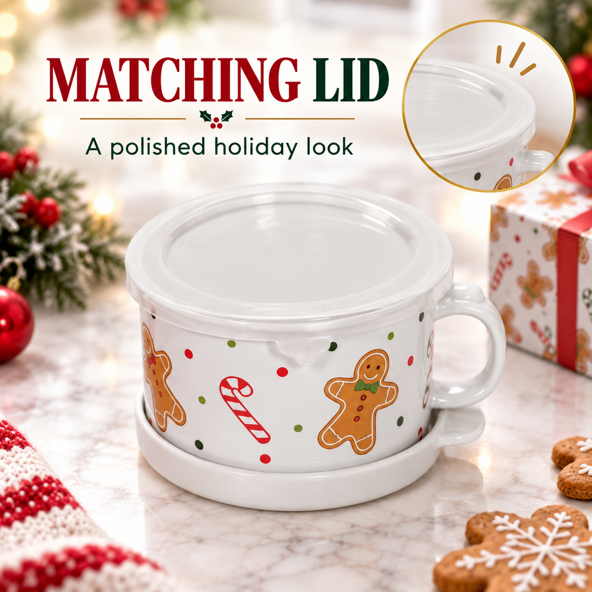 Christmas Gingerbread Mug Gift Set with Lid & Saucer