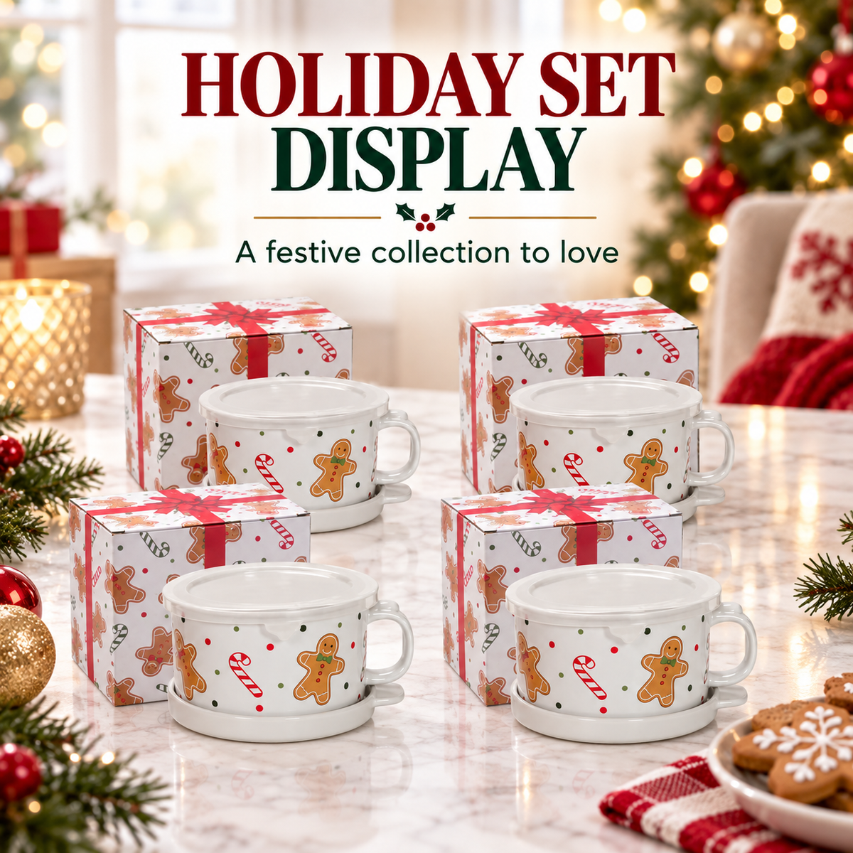 Christmas Gingerbread Mug Gift Set with Lid & Saucer