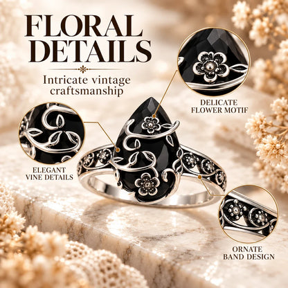 Vintage Floral Black Stone Ring – Statement Jewelry