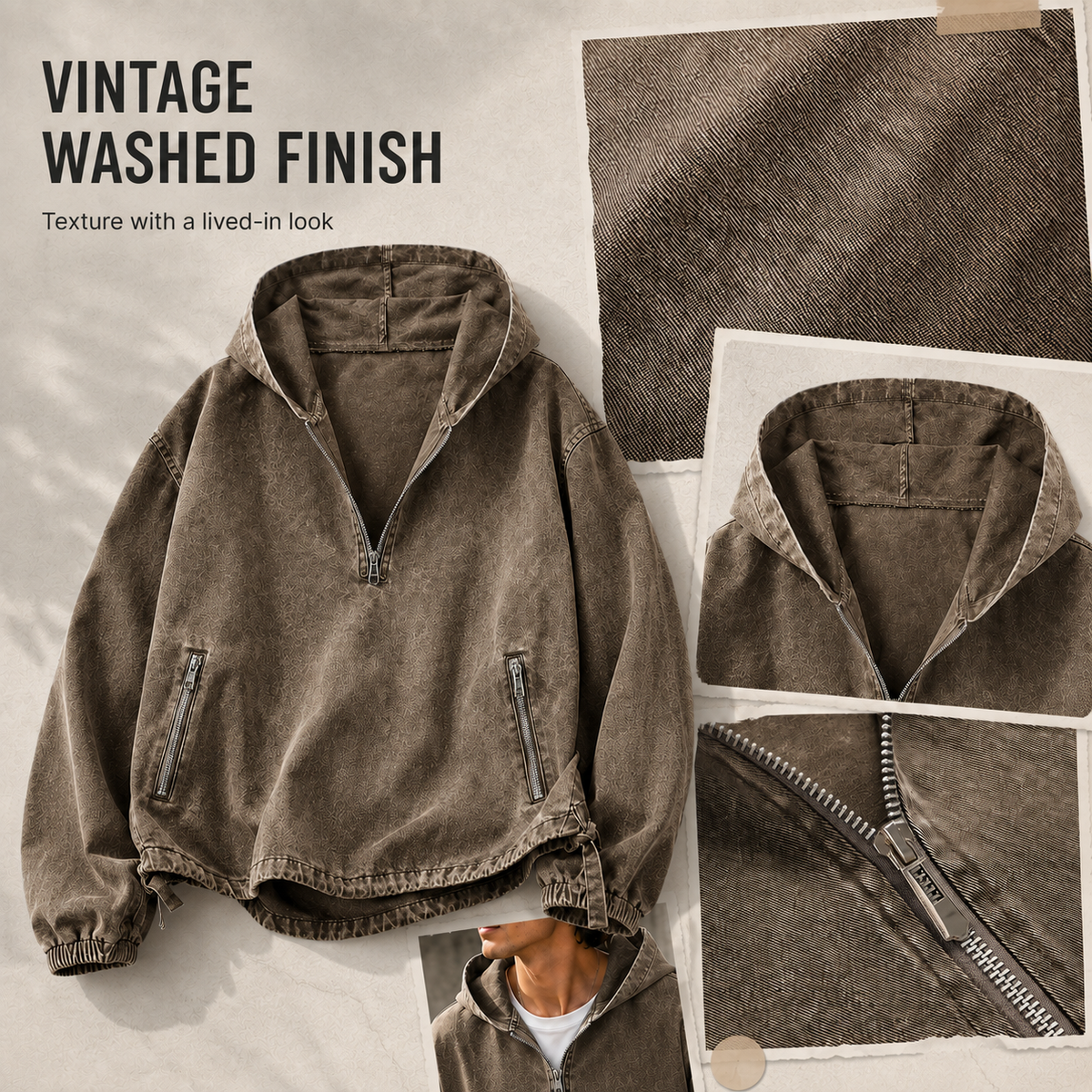 🧥 100% Cotton Vintage Washed Half-Zip Hoodie – Relaxed Fit Pullover ✨