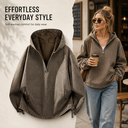 🧥 100% Cotton Vintage Washed Half-Zip Hoodie – Relaxed Fit Pullover ✨