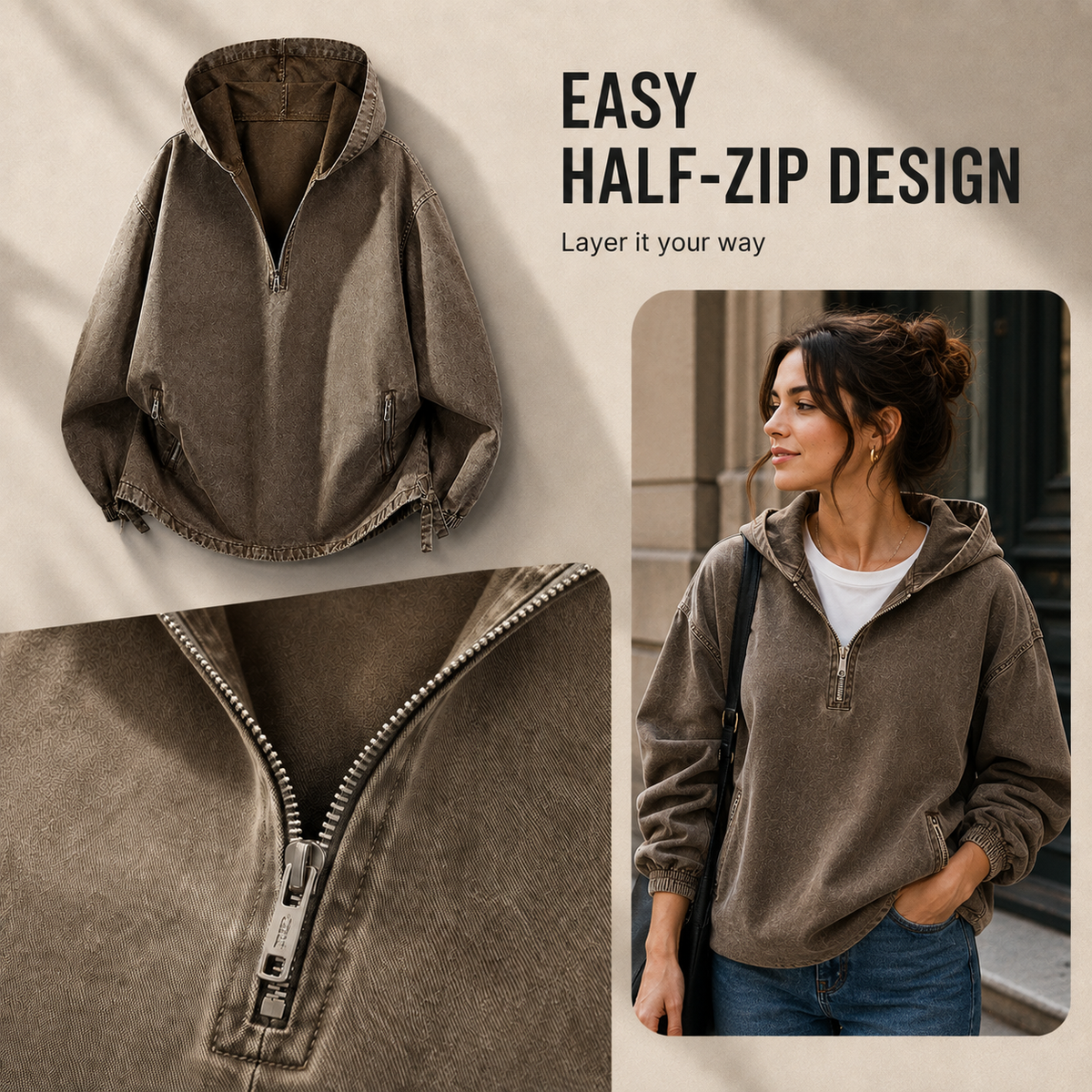 🧥 100% Cotton Vintage Washed Half-Zip Hoodie – Relaxed Fit Pullover ✨