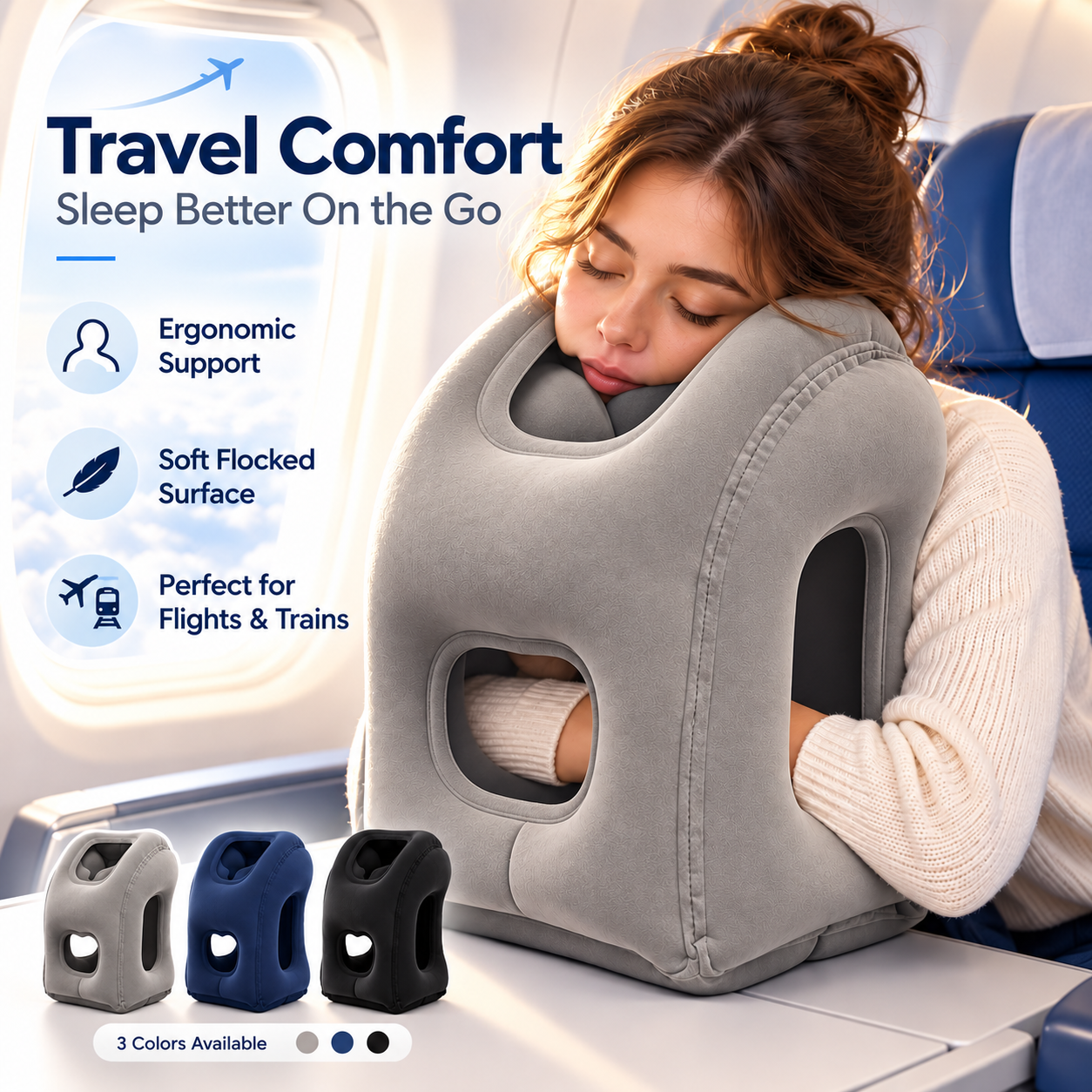 Inflatable airplane pillow – product use and travel rest demonstration
