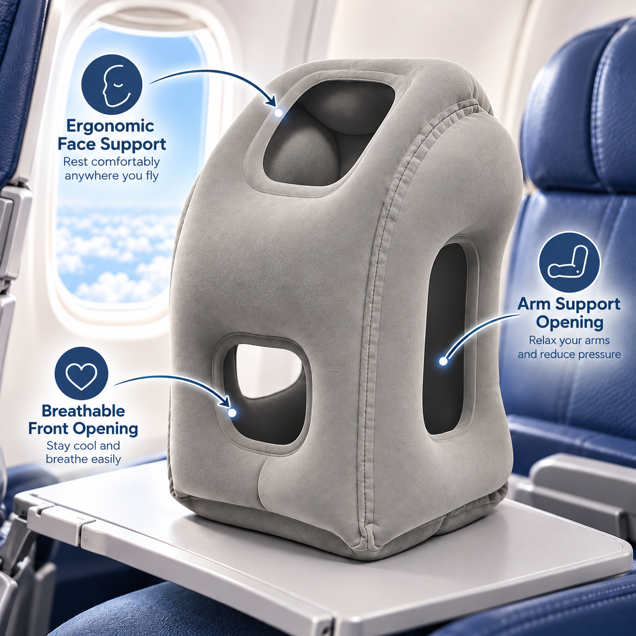 Inflatable airplane pillow – product use and travel rest demonstration