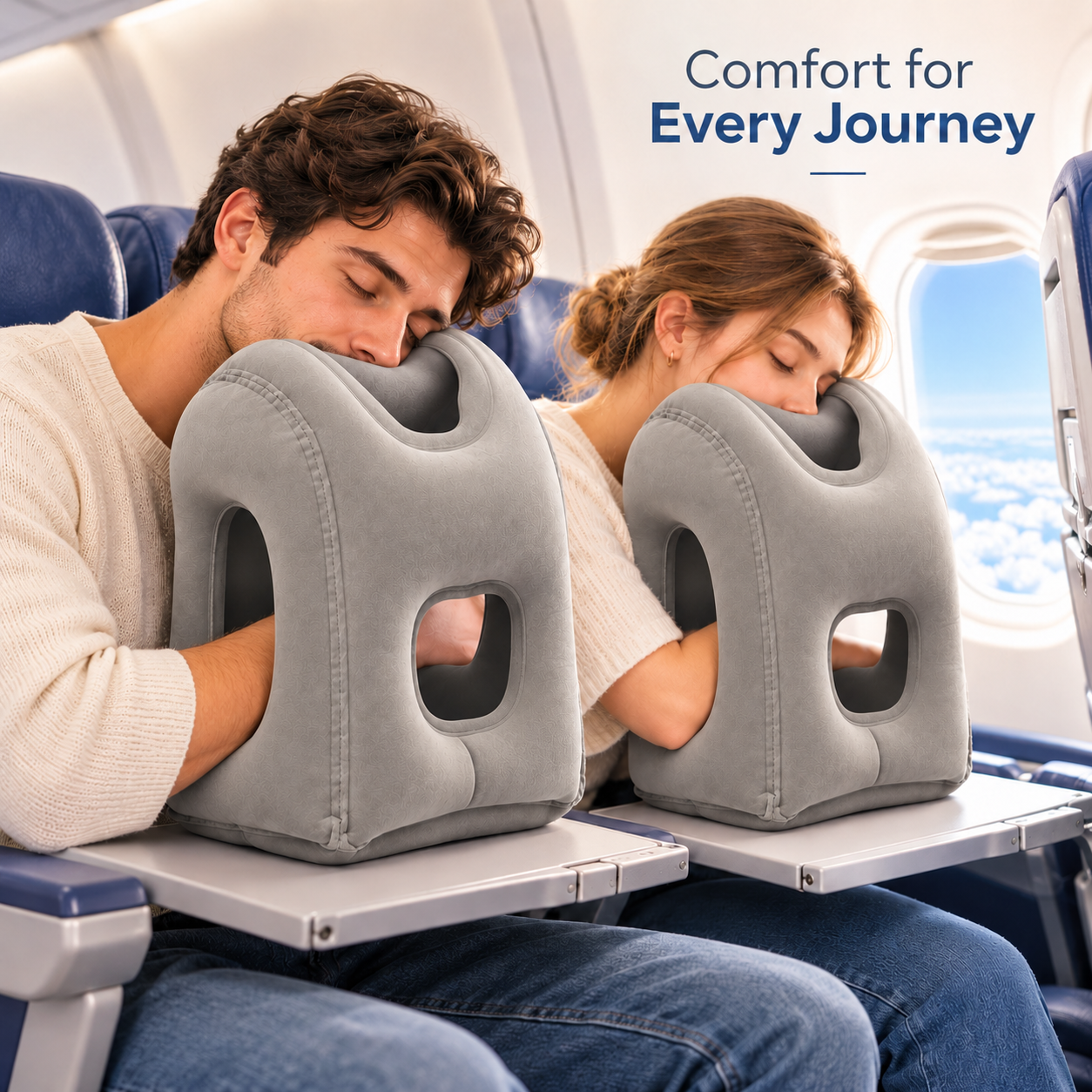 Inflatable airplane pillow – product use and travel rest demonstration