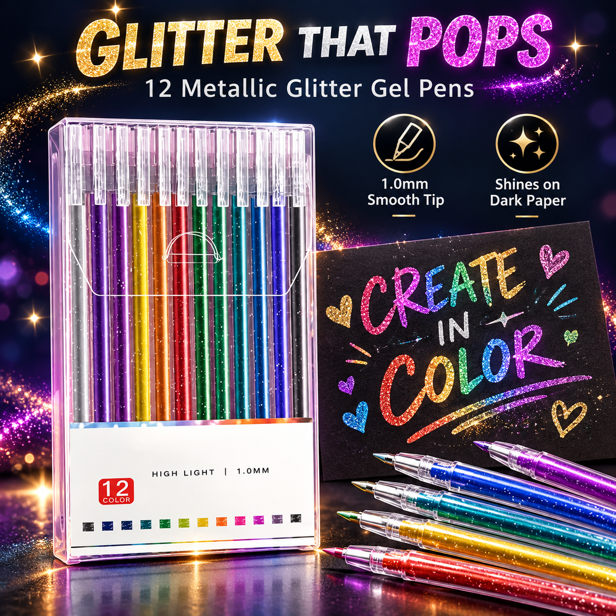✨ Metallic Glitter Gel Pens – Bold Color That Pops on Black Paper