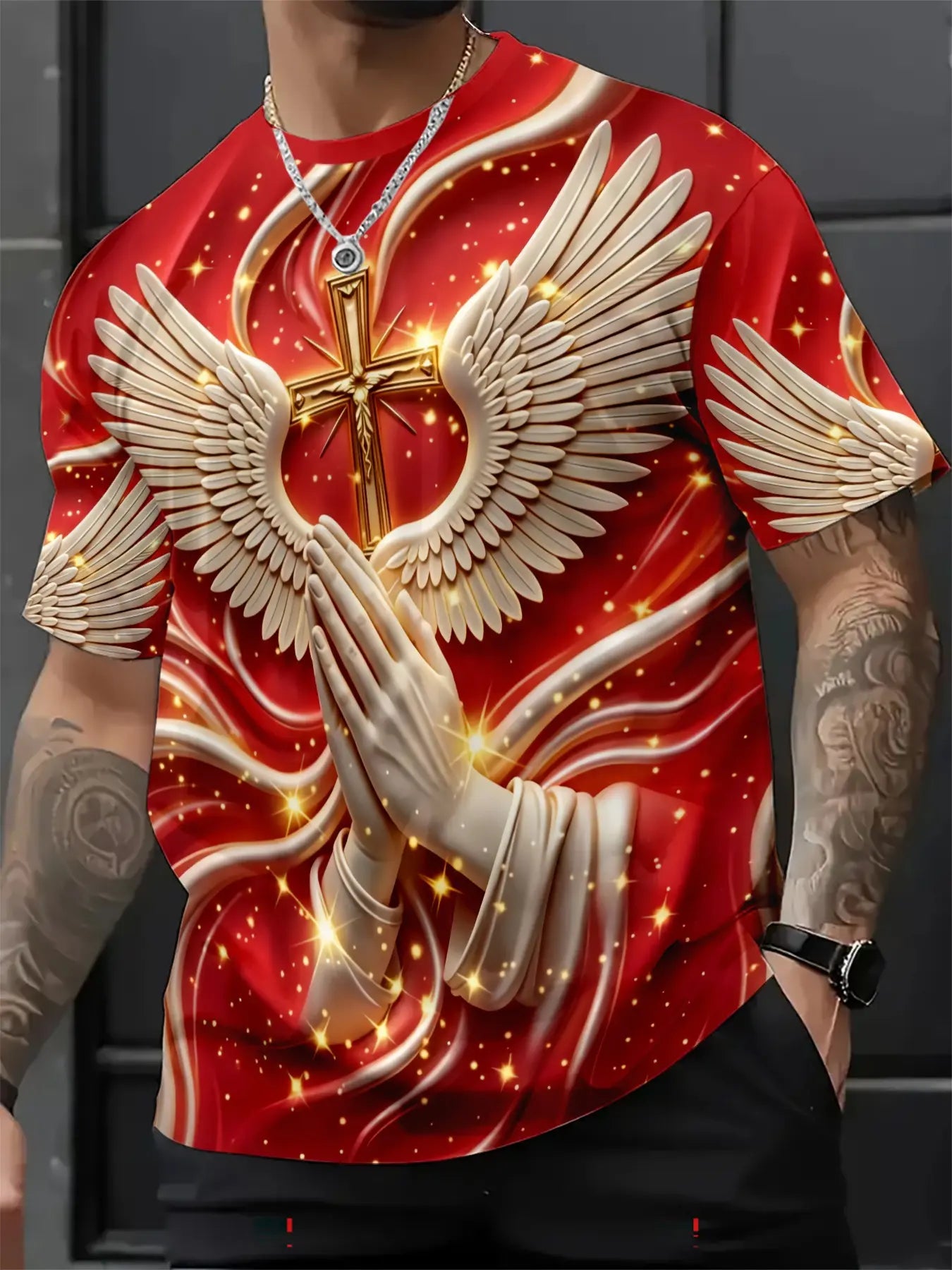 Men's 3D Religious Cross & Angel Wings T-Shirt