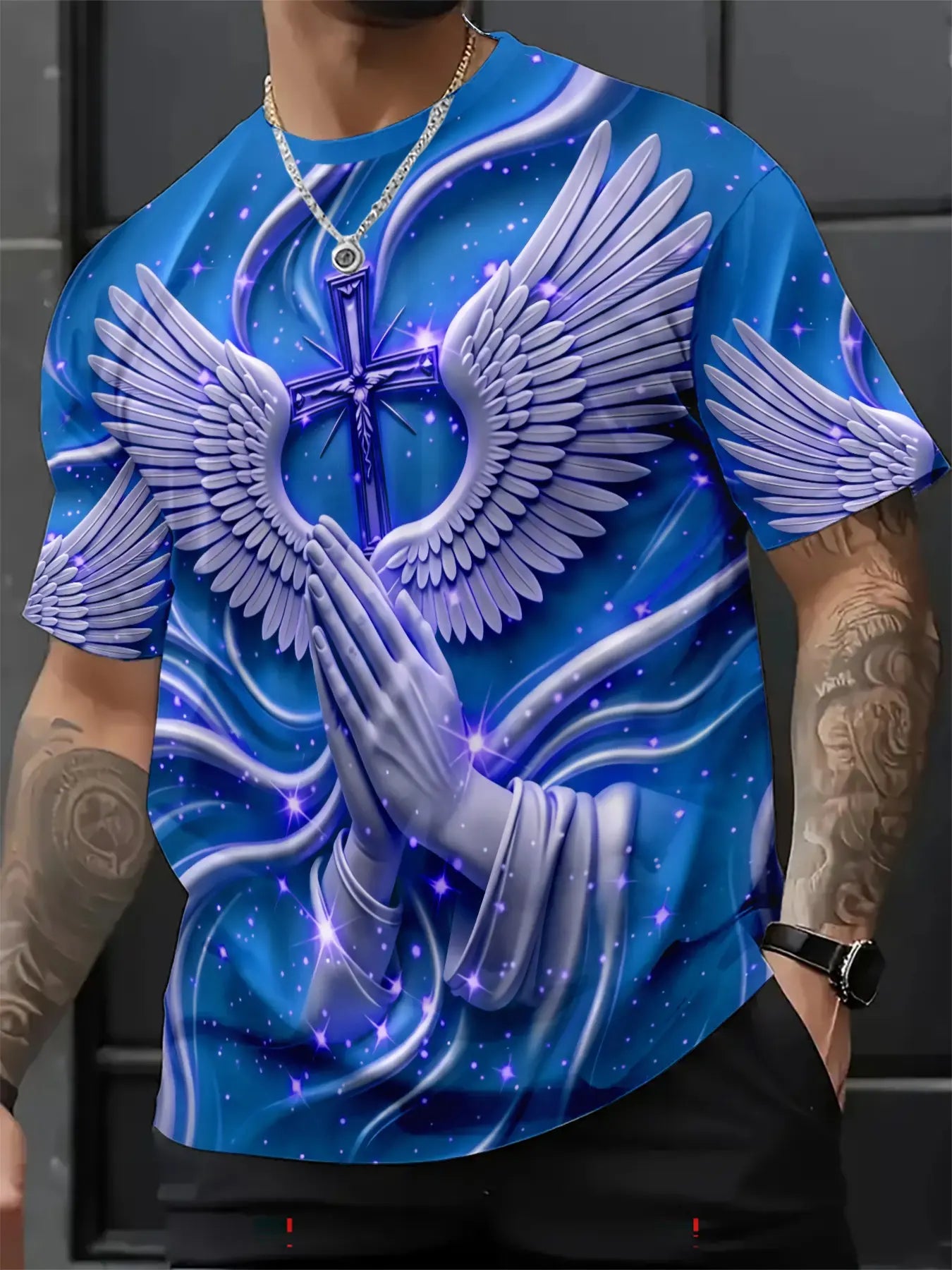 Men's 3D Religious Cross & Angel Wings T-Shirt