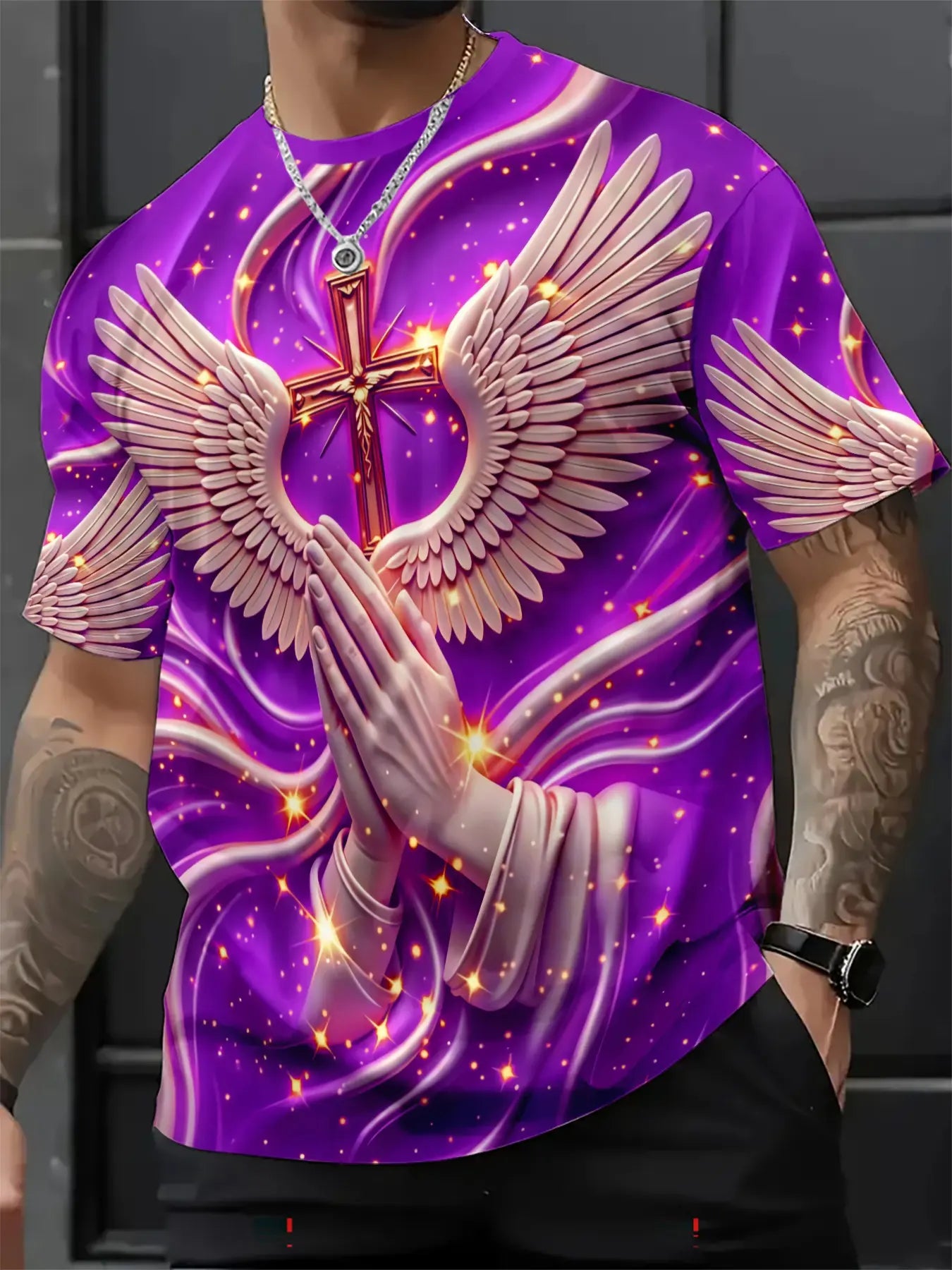 Men's 3D Religious Cross & Angel Wings T-Shirt