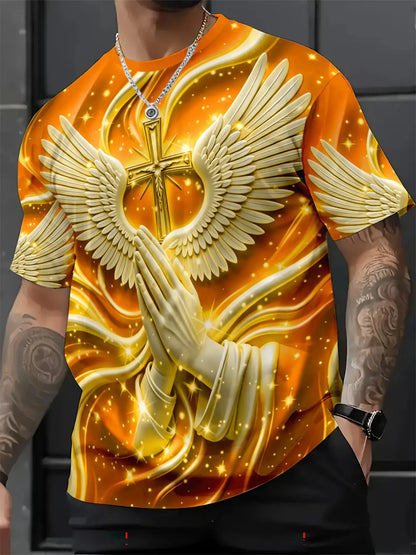 Men's 3D Religious Cross & Angel Wings T-Shirt