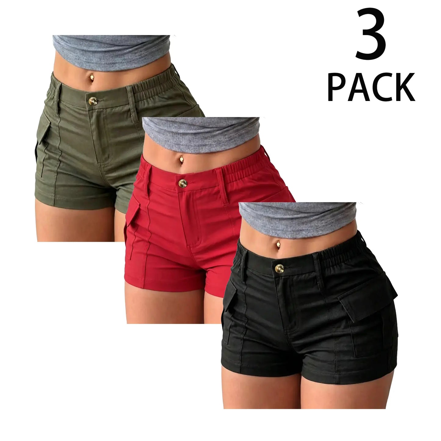 Women's High-Waisted Mini Cargo Shorts (3-Pack)