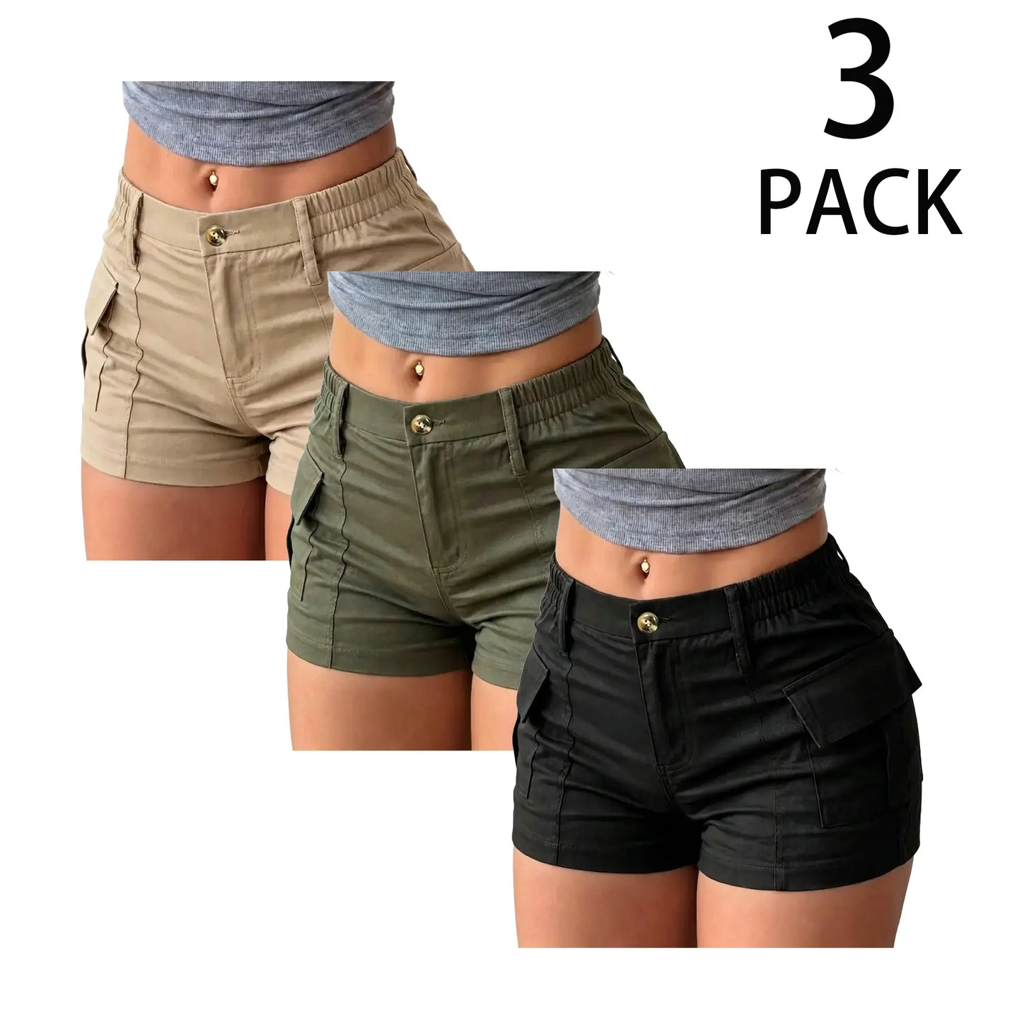 Women's High-Waisted Mini Cargo Shorts (3-Pack)
