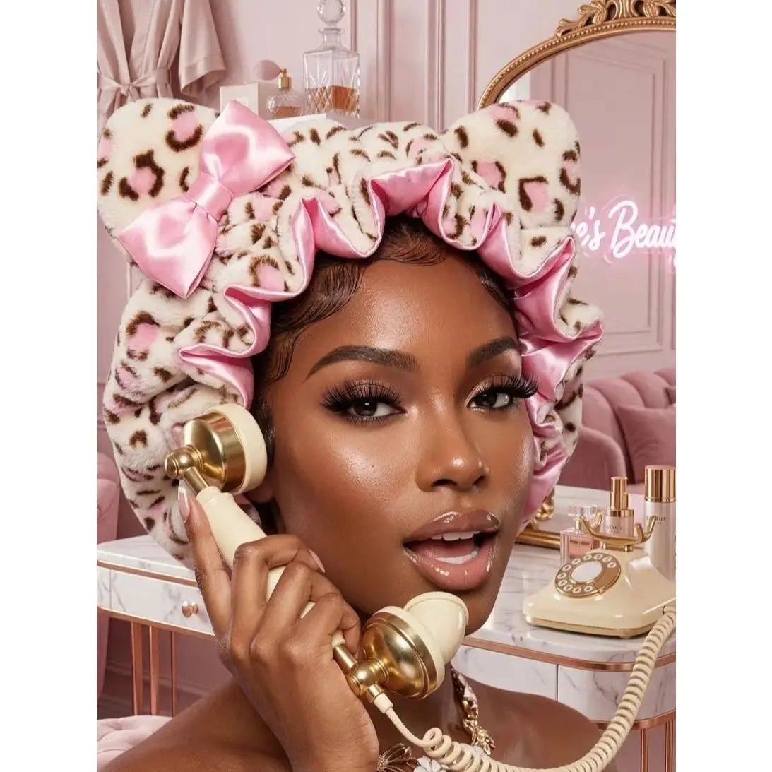🐆 Plush Satin Leopard Bonnet with Cute Bow Ears ✨