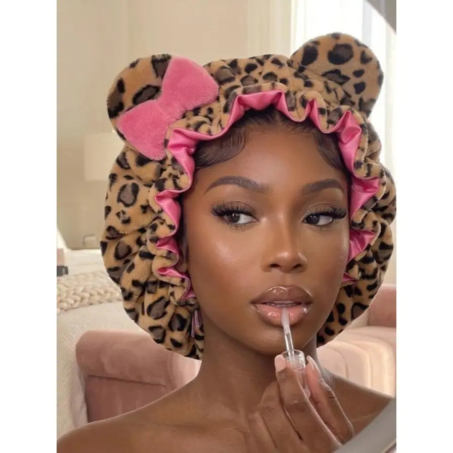 🐆 Plush Satin Leopard Bonnet with Cute Bow Ears ✨