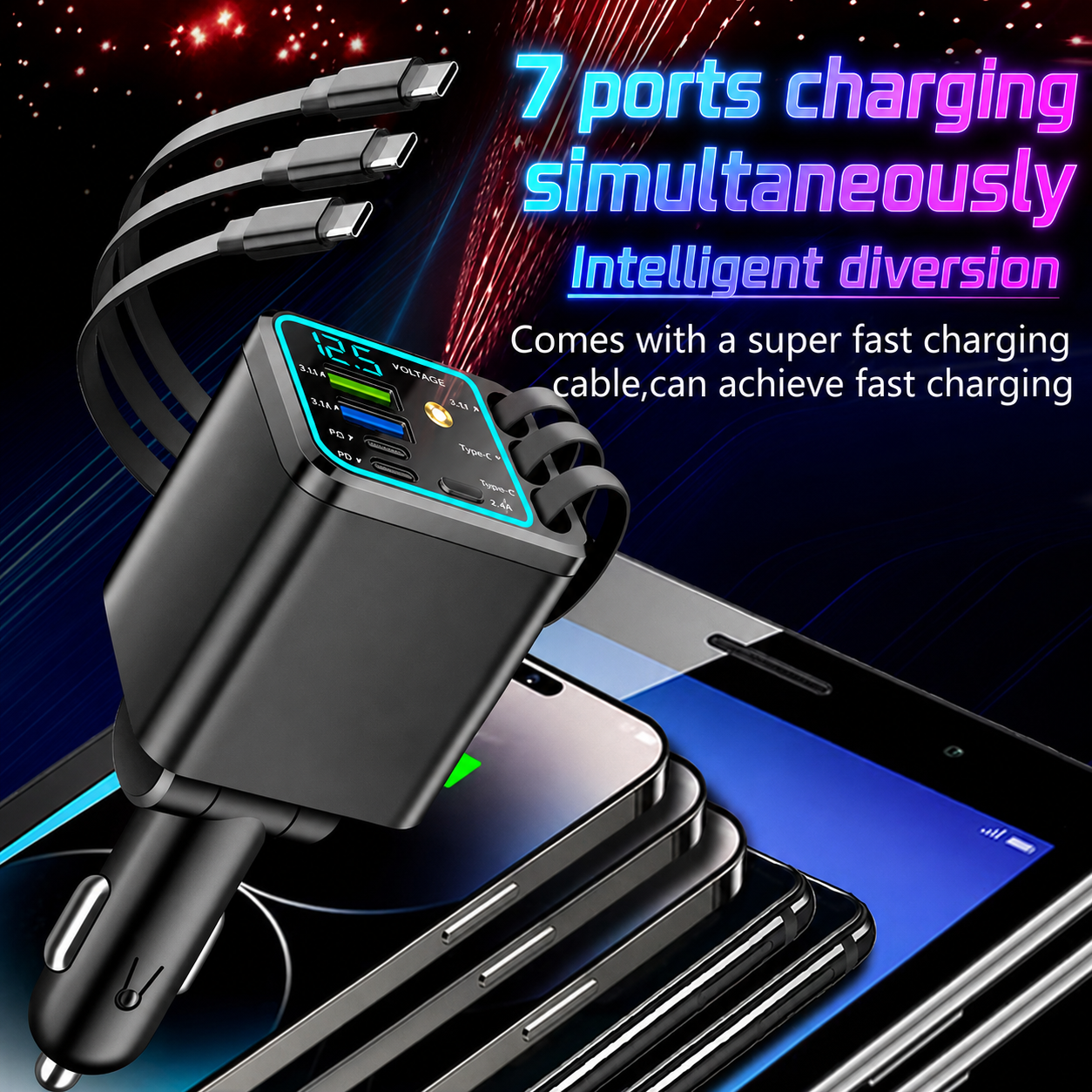 ✨Starry Ambient Light 7-in-1 Fast Car Charger