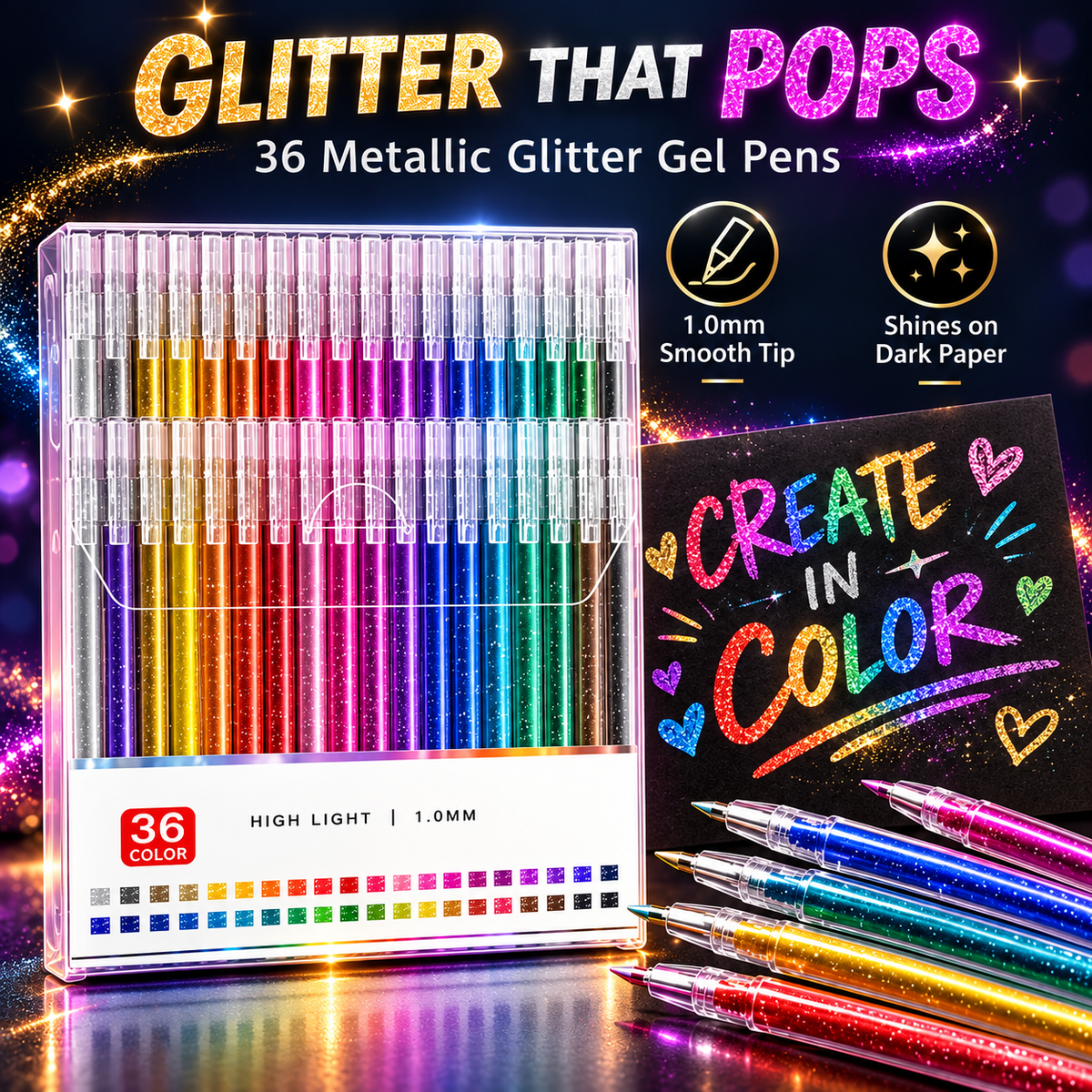 ✨ Metallic Glitter Gel Pens – Bold Color That Pops on Black Paper