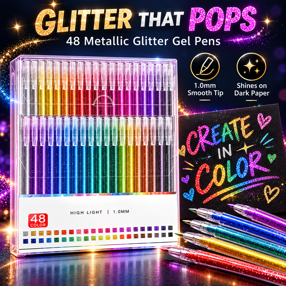 ✨ Metallic Glitter Gel Pens – Bold Color That Pops on Black Paper