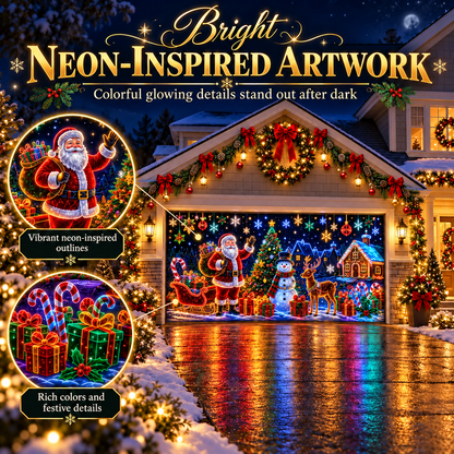 ⏳ Last Day 49% OFF – 🎄Oversized Christmas Wonderland Garage Door Cover | Neon-Inspired Santa Village Artwork with Snowman, Reindeer, Tree & Gingerbread House Details ✨