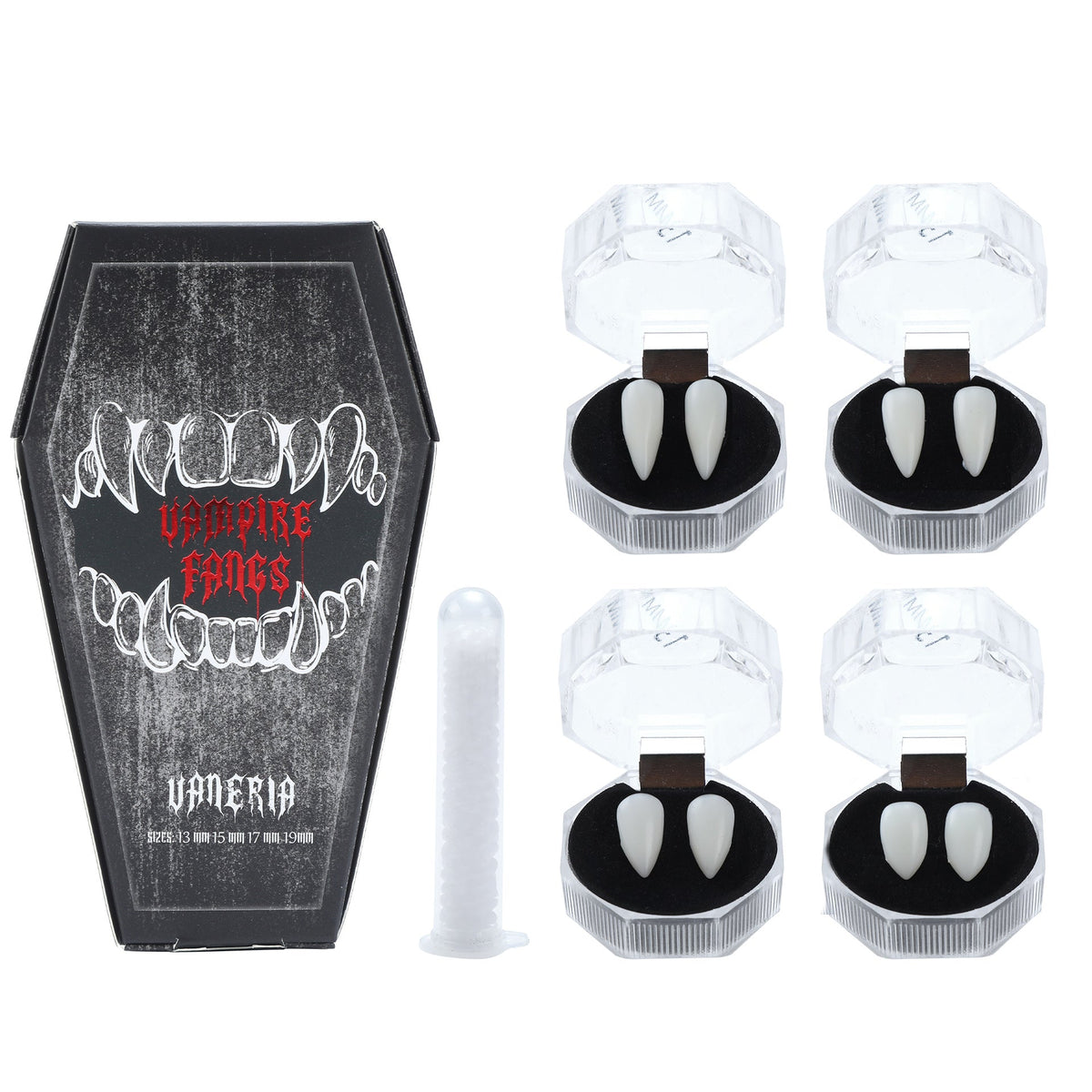 🦇 Your Vampire Look: 4-Size Ivory Fangs Kit & Coffin Box