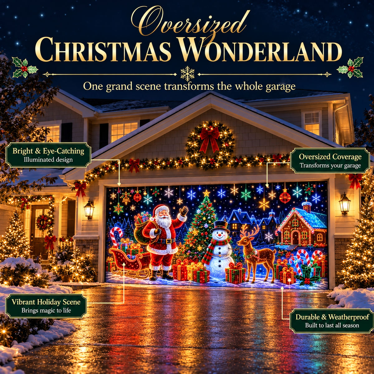 ⏳ Last Day 49% OFF – 🎄Oversized Christmas Wonderland Garage Door Cover | Neon-Inspired Santa Village Artwork with Snowman, Reindeer, Tree & Gingerbread House Details ✨