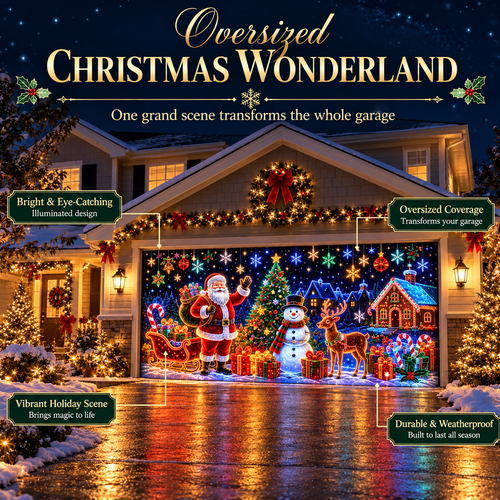 ⏳ Last Day 49% OFF – 🎄Oversized Christmas Wonderland Garage Door Cover | Neon-Inspired Santa Village Artwork with Snowman, Reindeer, Tree & Gingerbread House Details ✨