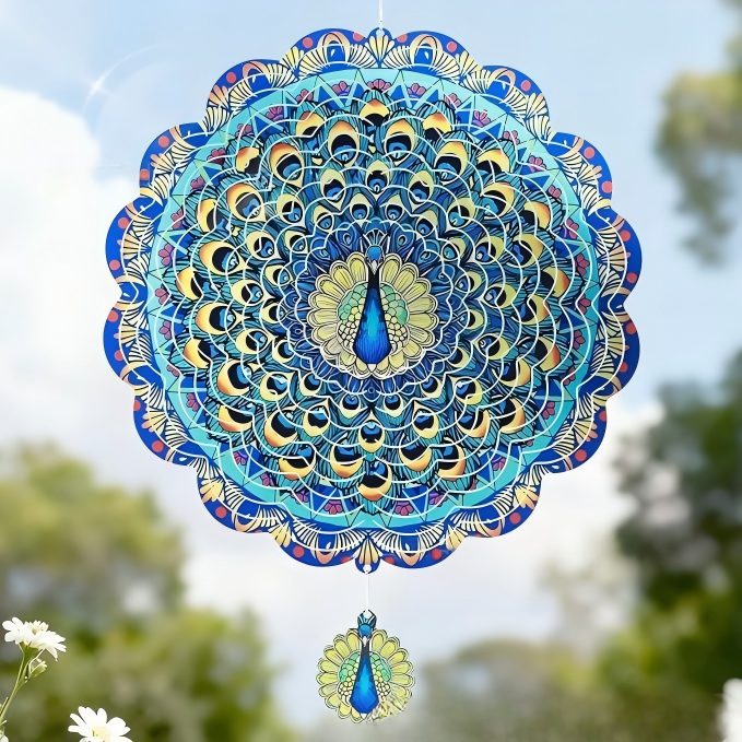🌀 12-Inch Mandala Peacock 3D Kinetic Wind Spinner