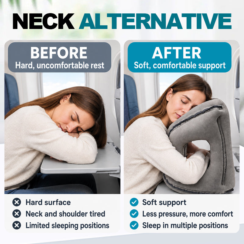 Inflatable airplane pillow – product use and travel rest demonstration
