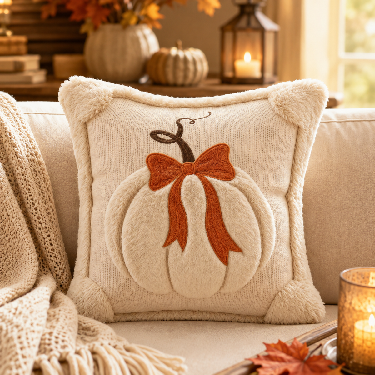 Cozy Pumpkin Bow Throw Pillow Cover 🎃 Perfect Autumn