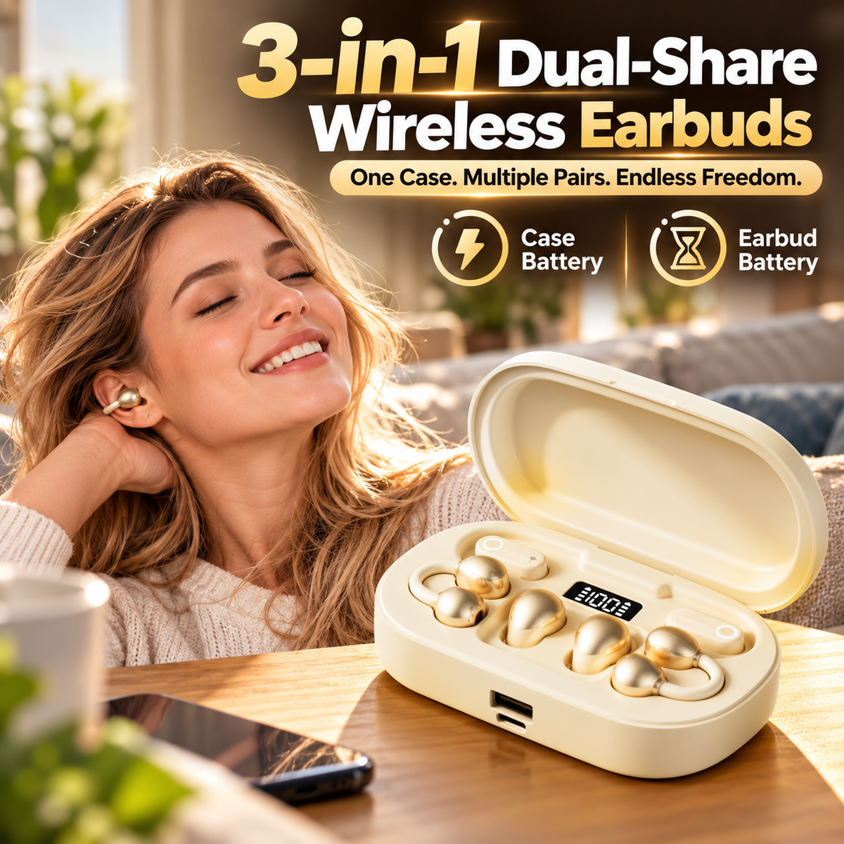 🎧 3-in-1 Smart Slide Wireless Earbuds Set with LED Power Display