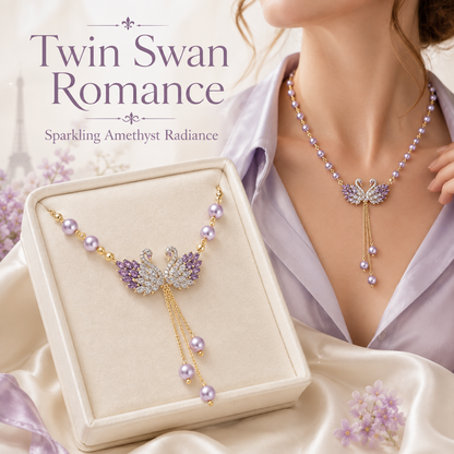 💜 Elegant Double Swan Crystal & Pearl Long Necklace 🦢