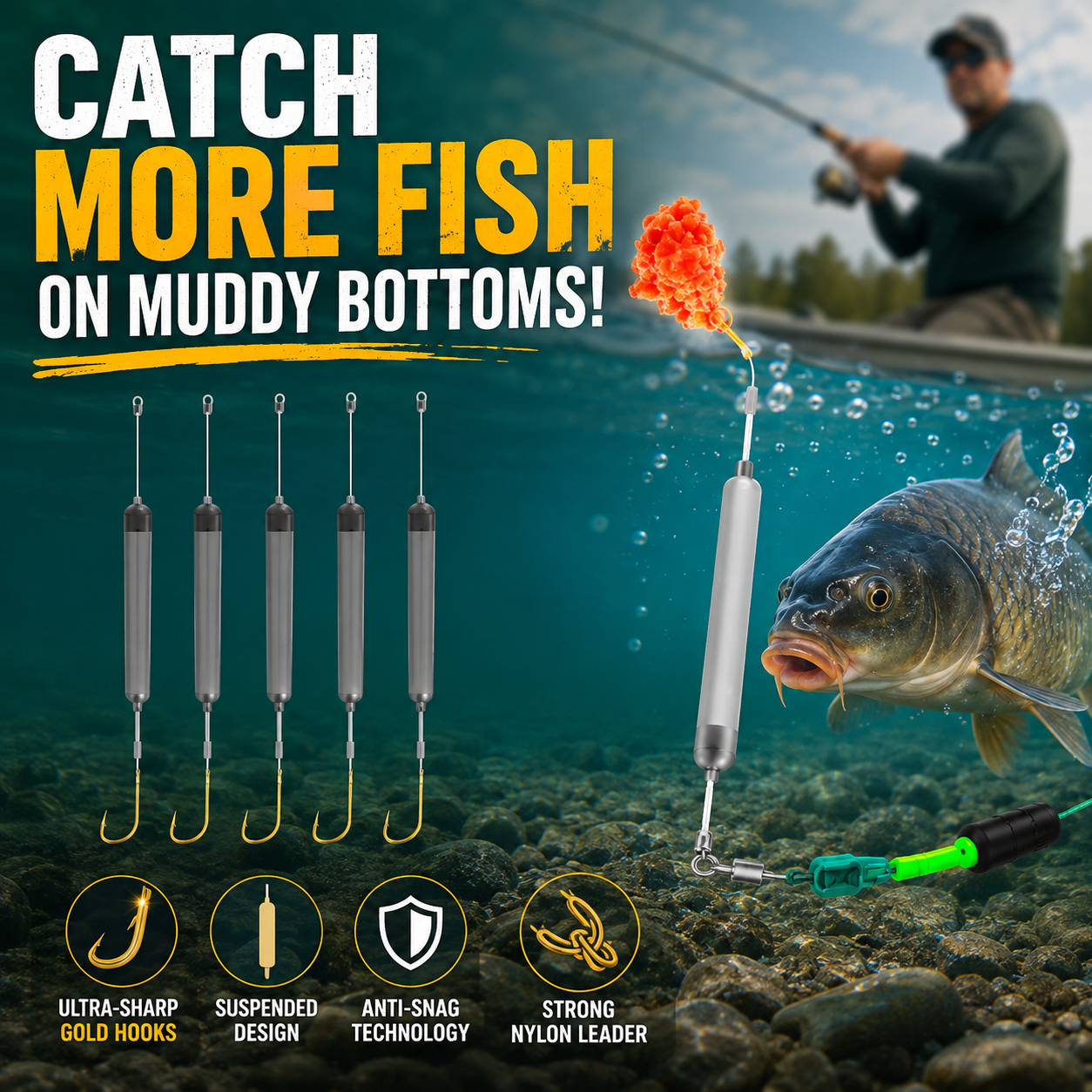 🎣 Anti-Snag Floating Fishing Rig with Gold Sleeved Hooks (Pack of 5)