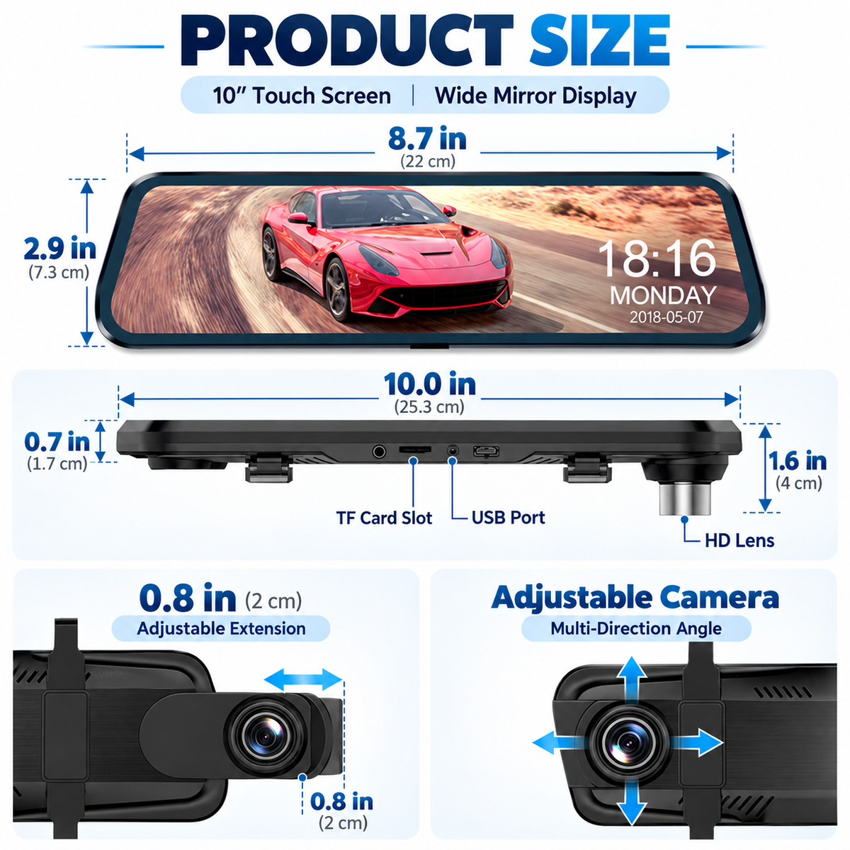 🚗  Full Touch Screen Smart Rearview Dashcam with WiFi & Night Vision