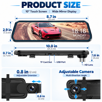 🚗  Full Touch Screen Smart Rearview Dashcam with WiFi & Night Vision