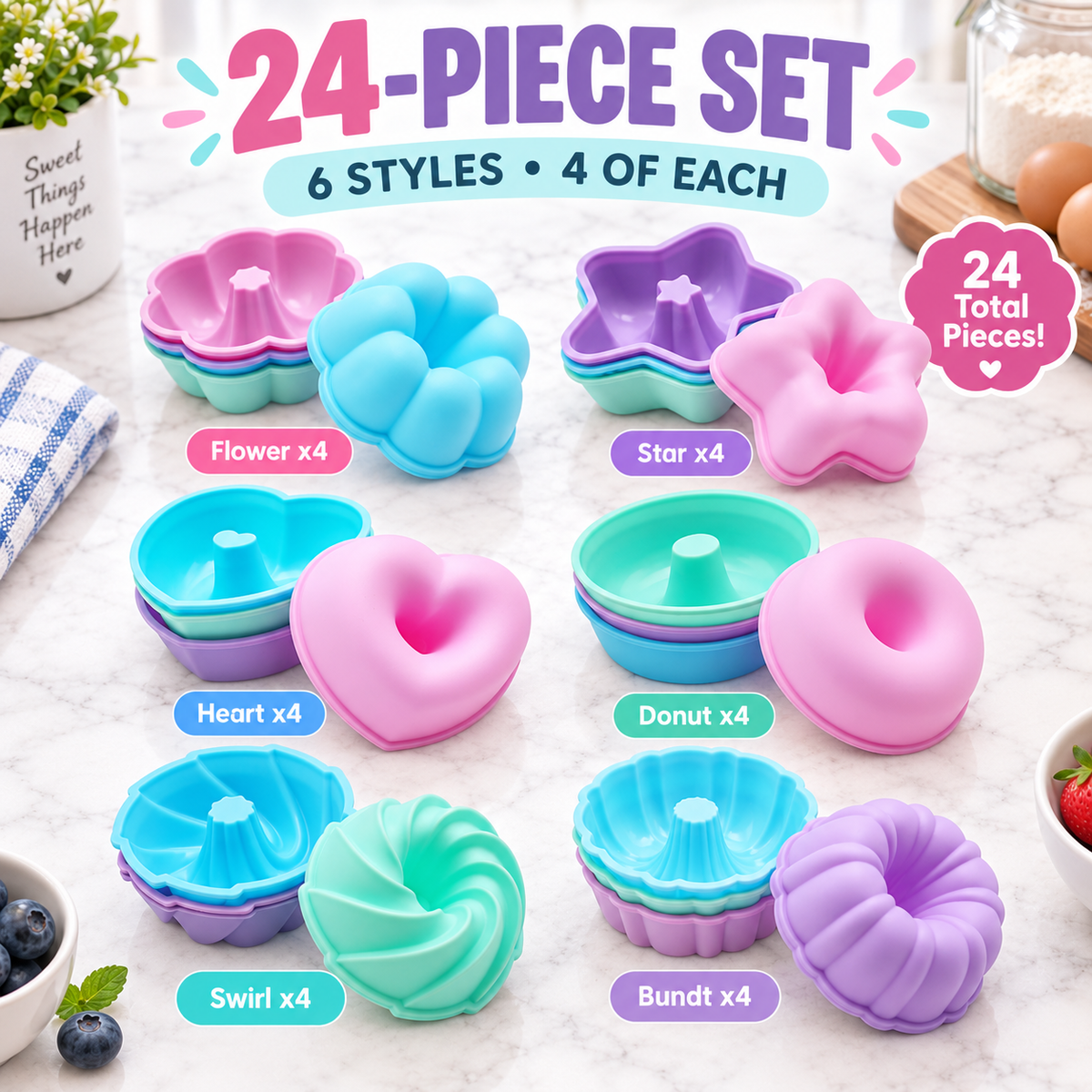 Multi-Shape Non-Stick Silicone Baking Cups & Muffin Molds Set (Reusables) 🧁