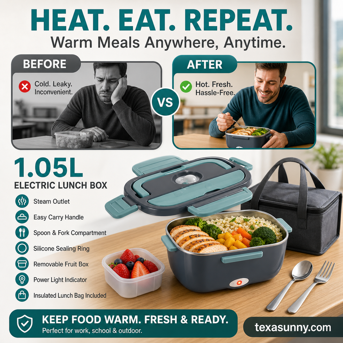 🍱 49% OFF! Portable Electric Heating Lunch Box – 1.5L, Home & Car Use 🔥